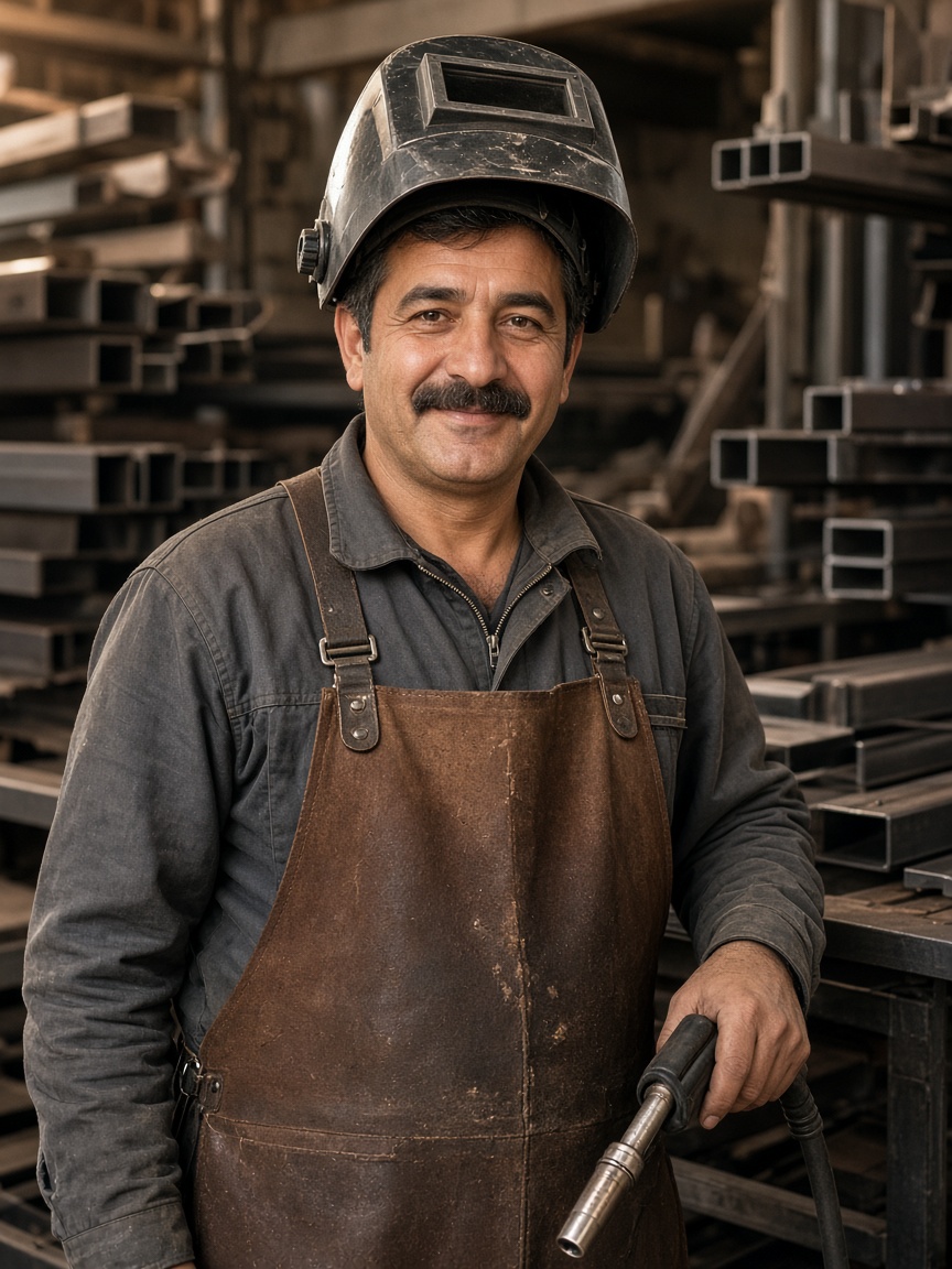 Ark Kaynak kaynak ustası maskesini kaldırmış dikişe bakarken